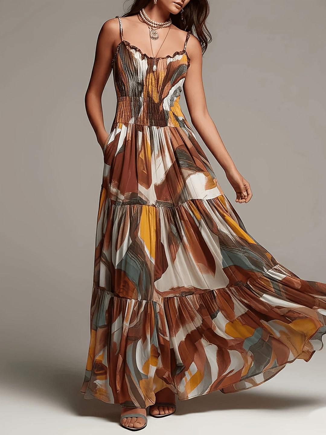 Robe Longue Smockée à Volants Étagés, Imprimé Abstrait
