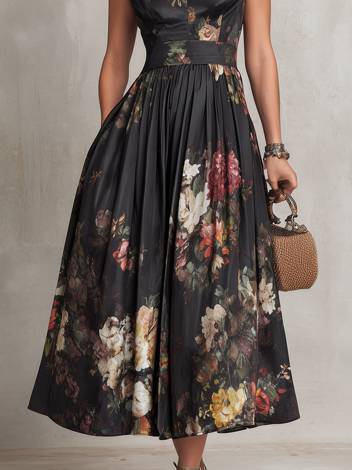 Robe Midi Noire en Satin Plissé à Fleurs et Col Goutte