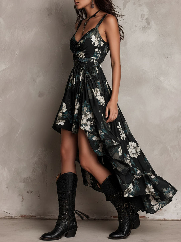 Robe Longue Bohème Noire à Fleurs, Ourlet Asymétrique