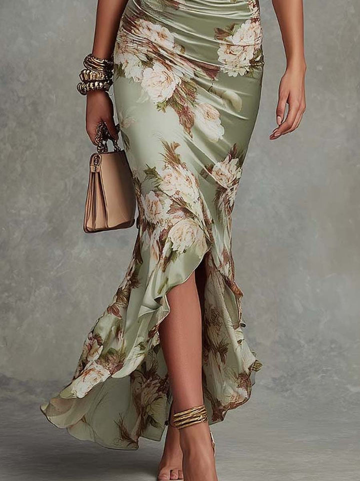 Anastasia | Robe Longue en Satin Imprimé Fleuri