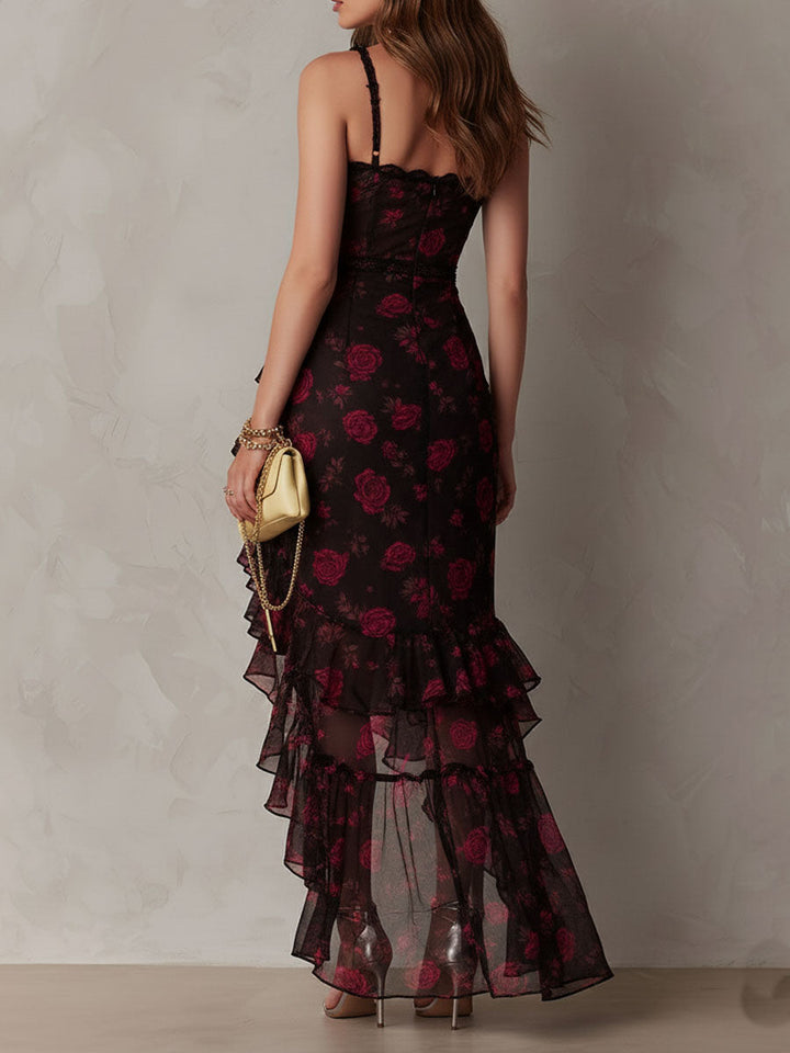 Robe Chic à Fleurs Noir et Rouge, Fronces et Ourlet à Volants