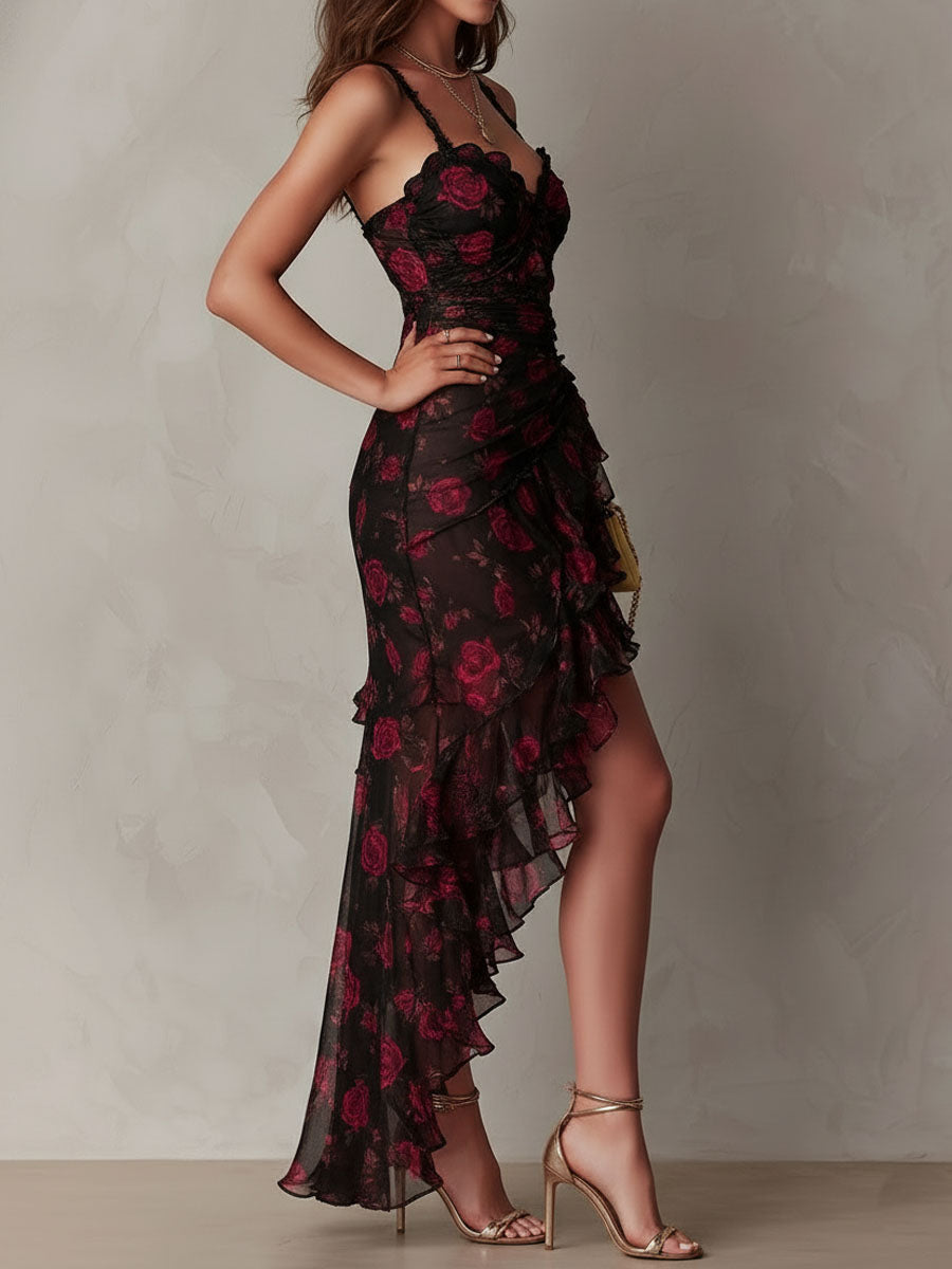 Robe Chic à Fleurs Noir et Rouge, Fronces et Ourlet à Volants