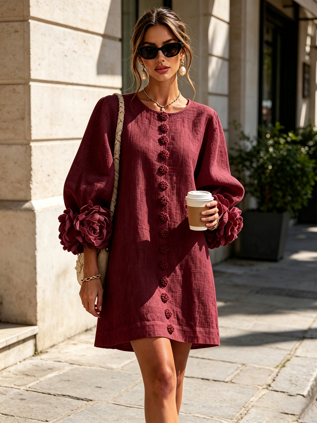 Camellia | Mini Robe à Poignets Ornés de Roses