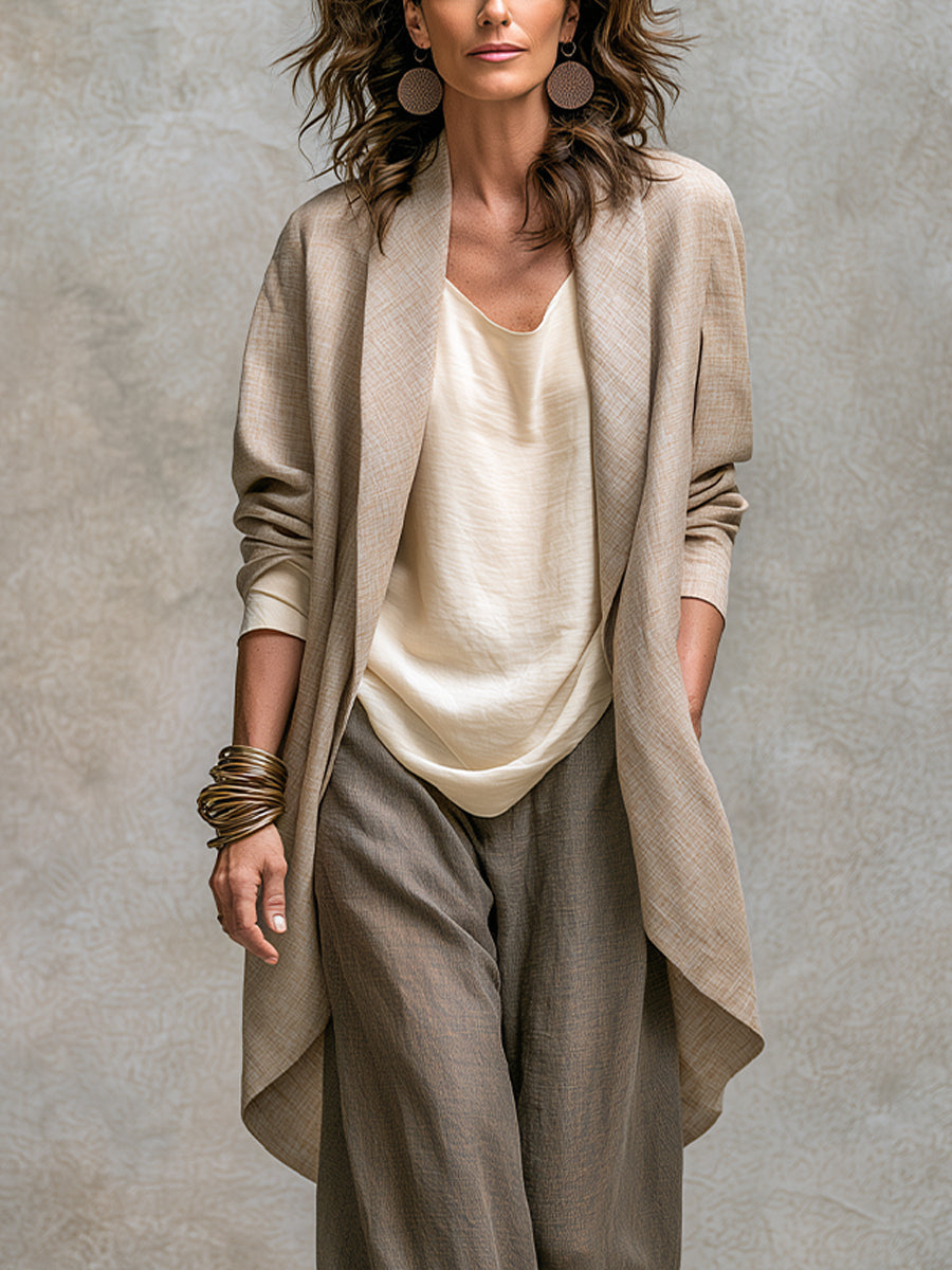 Constance | Ensemble Trois Pièces Beige et Gris, Décontracté à Superpositions avec Pantalon Palazzo, Élégant