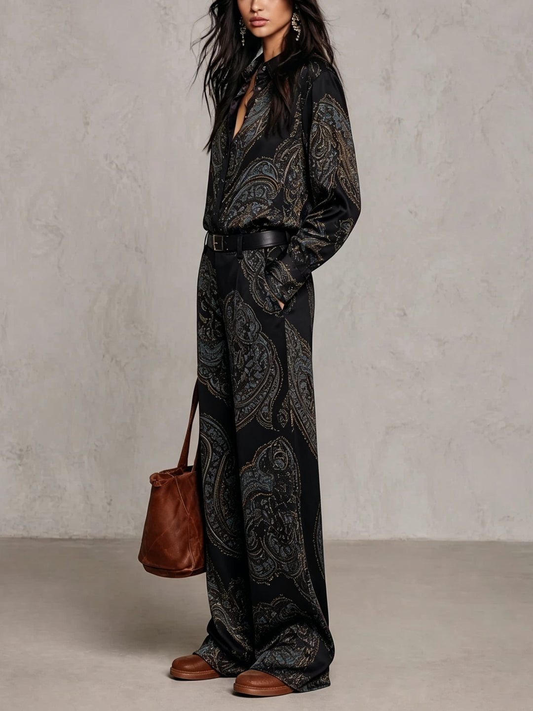 Ensemble Chemise et Pantalon Large en Satin à Motif Cachemire (avec Ceinture)