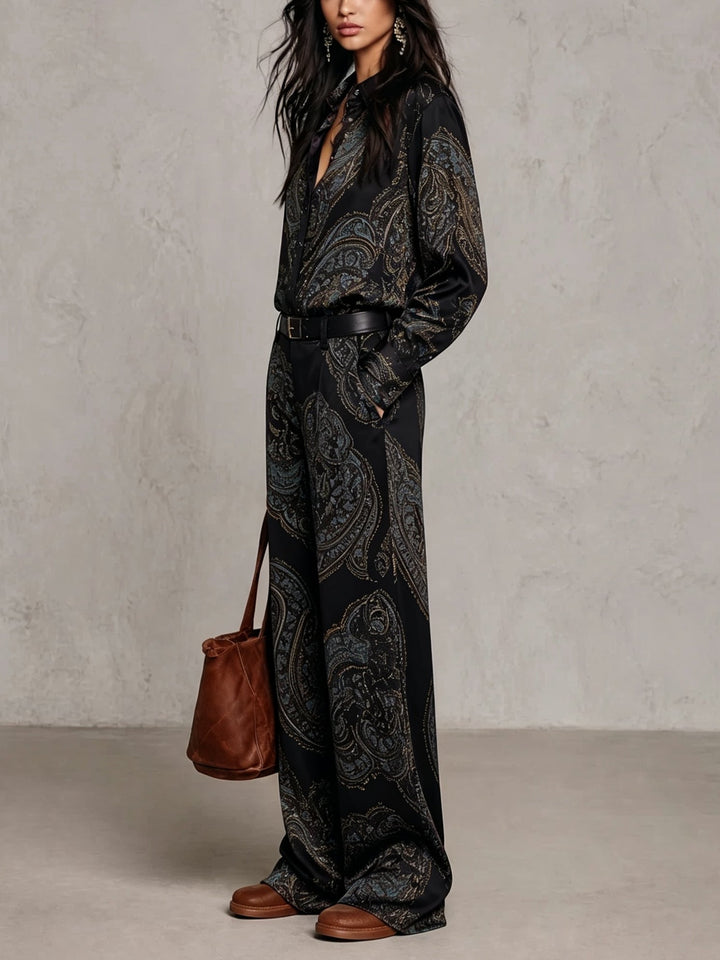 Ensemble Chemise et Pantalon Large en Satin à Motif Cachemire (avec Ceinture)