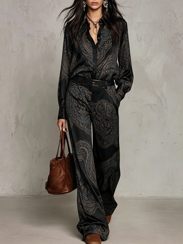 Ensemble Chemise et Pantalon Large en Satin à Motif Cachemire (avec Ceinture)