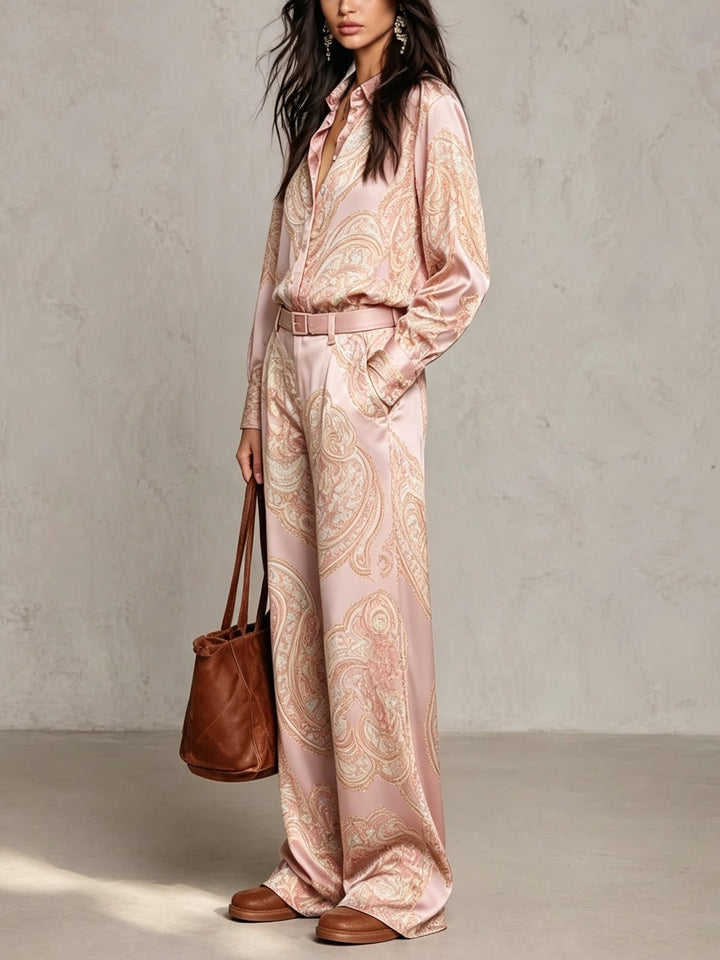 Ensemble Chemise et Pantalon Large en Satin à Motif Cachemire (avec Ceinture)