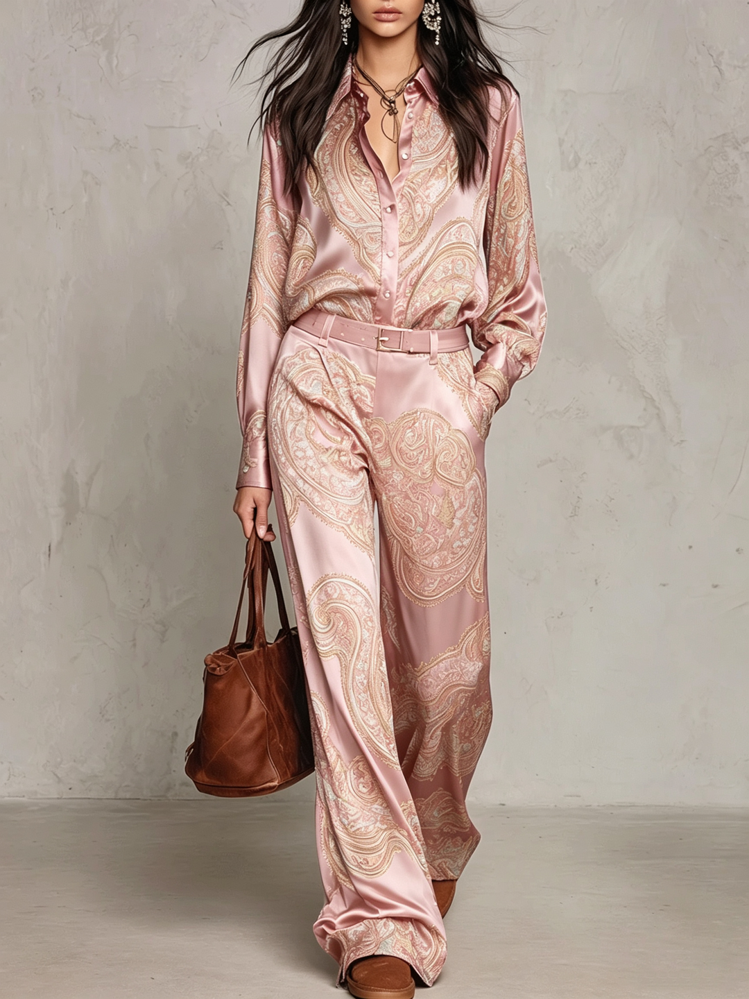 Ensemble Chemise et Pantalon Large en Satin à Motif Cachemire (avec Ceinture)