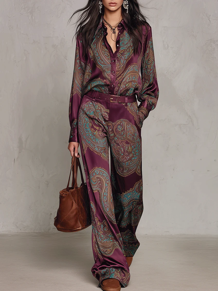 Ensemble Chemise et Pantalon Large en Satin à Motif Cachemire (avec Ceinture)