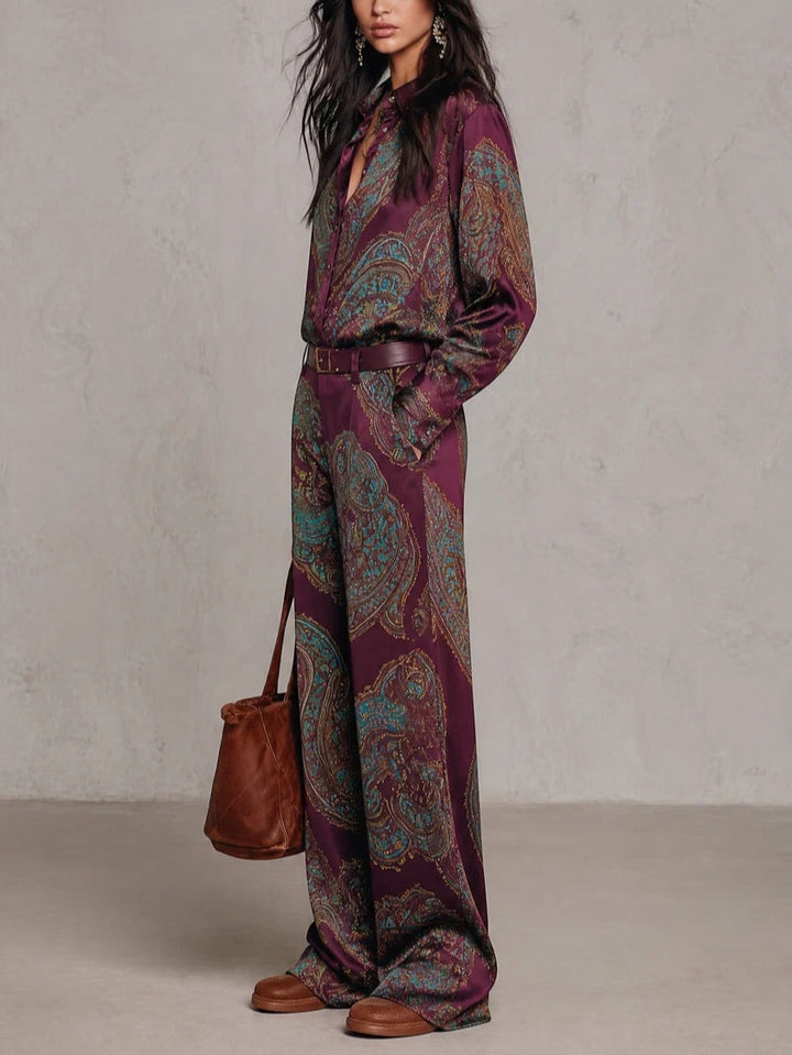 Ensemble Chemise et Pantalon Large en Satin à Motif Cachemire (avec Ceinture)