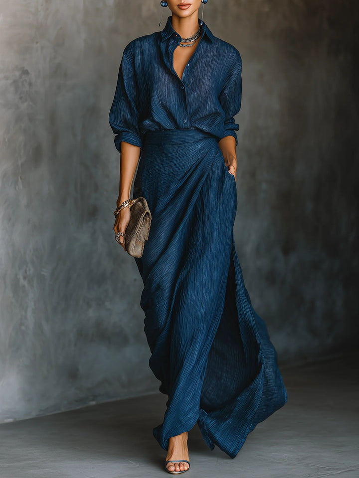 Ensemble Chemise et Jupe Longue en Coton et Lin Bleu Foncé