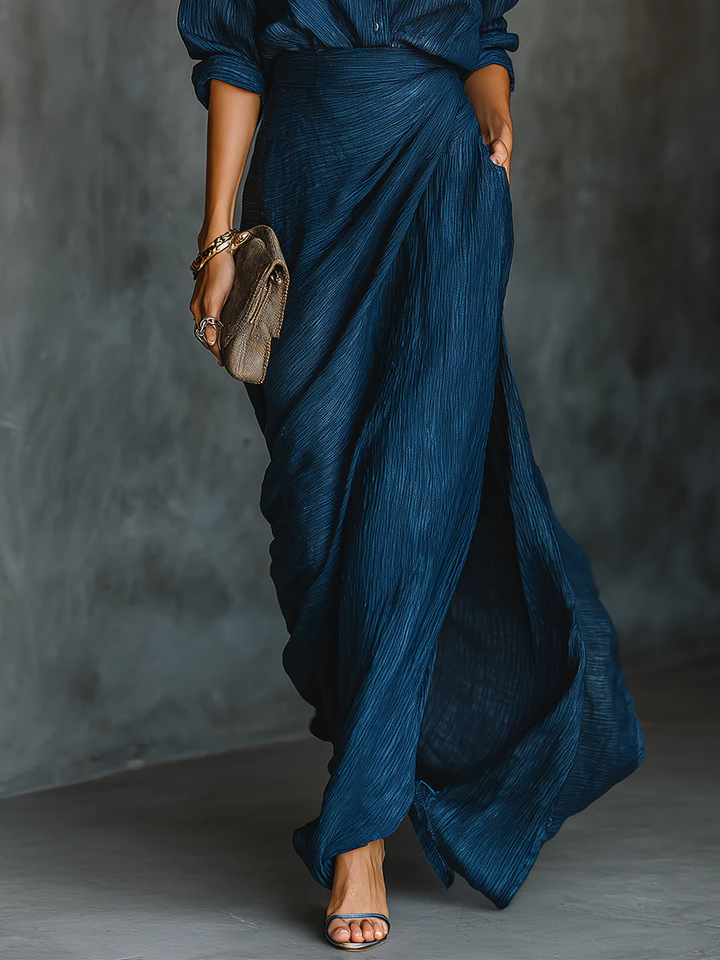 Ensemble Chemise et Jupe Longue en Coton et Lin Bleu Foncé