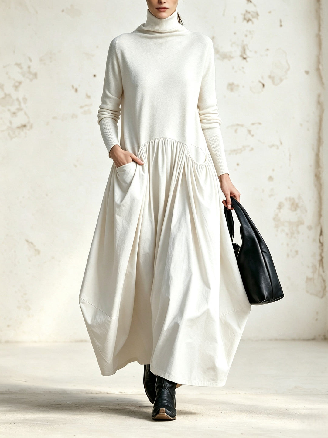 Robe Longue Oversize à Col Montant et Grandes Poches