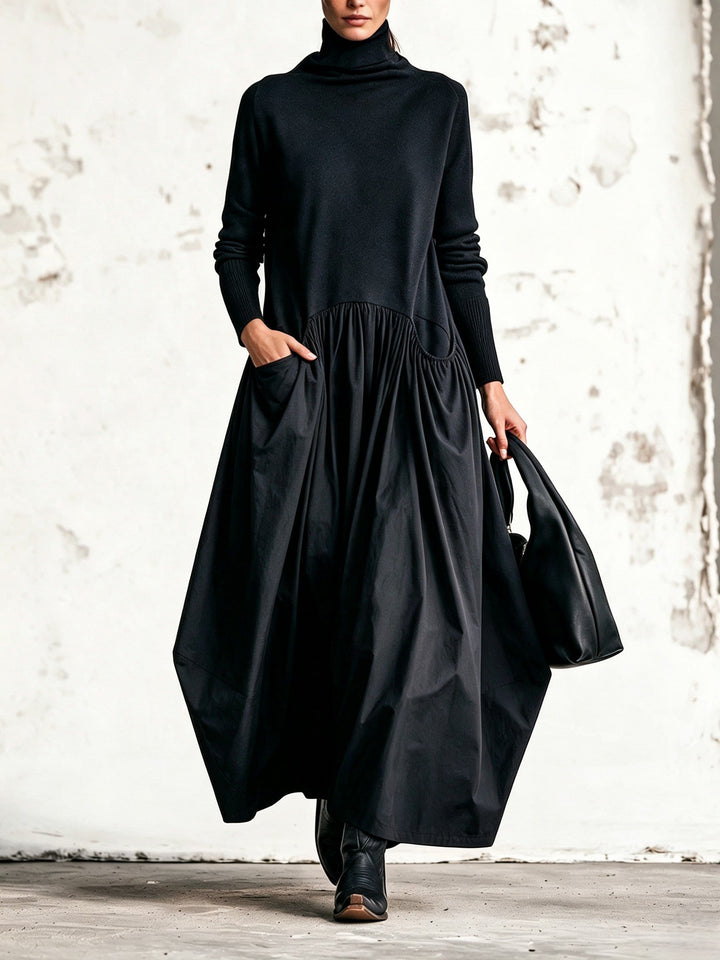 Robe Longue Oversize à Col Montant et Grandes Poches