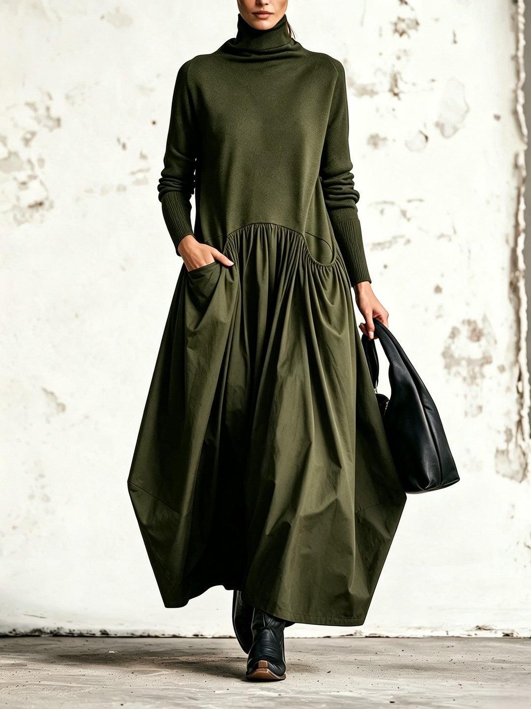 Robe Longue Oversize à Col Montant et Grandes Poches