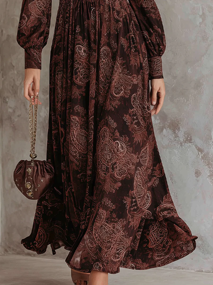 Oriane | Robe Maxi Taille Haute à Zip Imprimé Paisley Marron