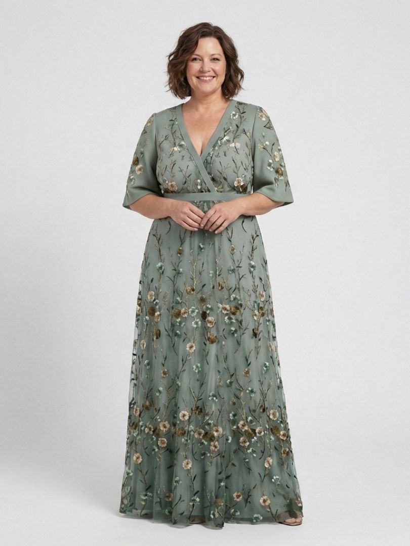 Evadne | Robe Longue Fleurie à Col V et Manches Courtes