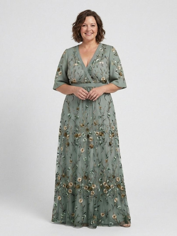 Evadne | Robe Longue Fleurie à Col en V et Manches Courtes