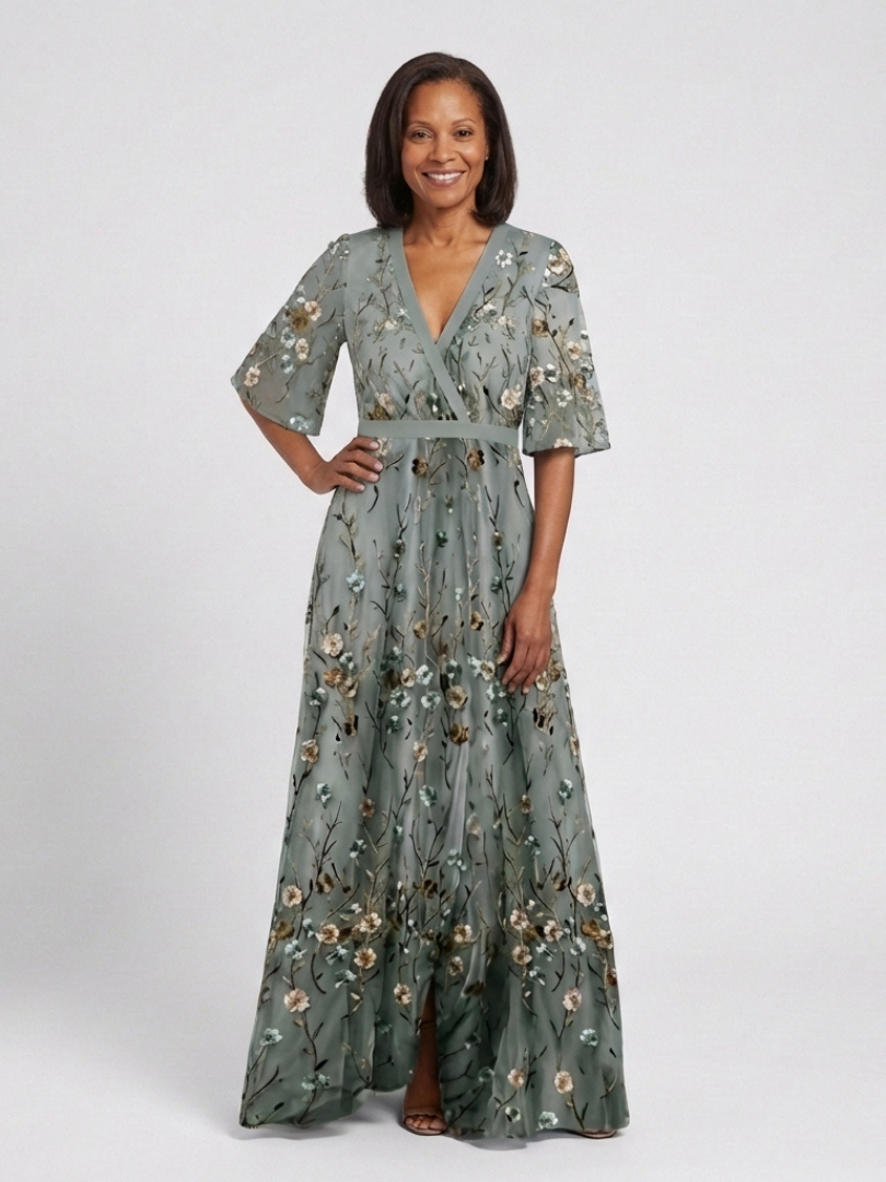 Evadne | Robe Longue Fleurie à Col V et Manches Courtes