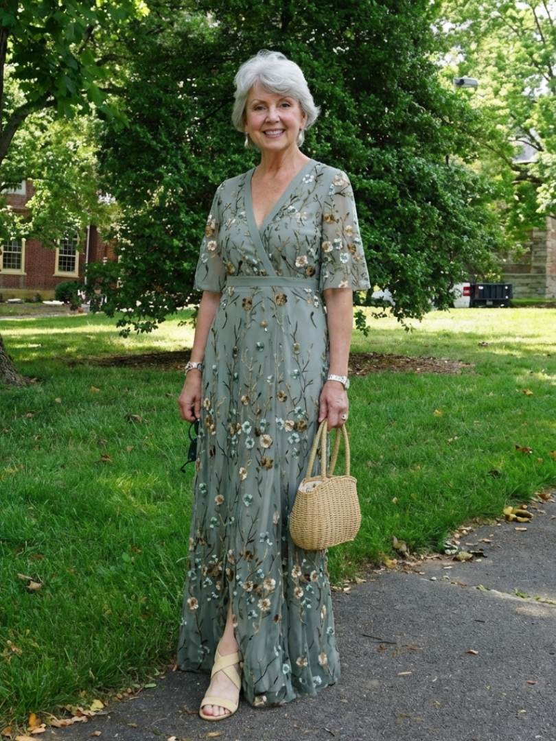 Evadne | Robe Longue Fleurie à Col en V et Manches Courtes