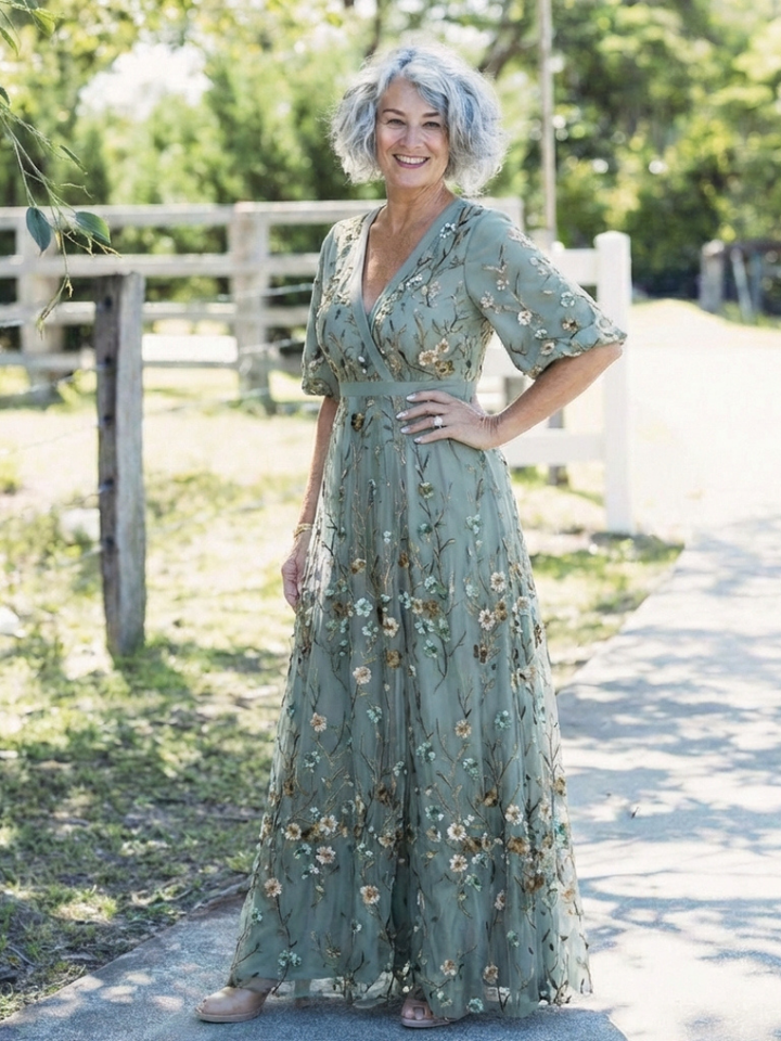 Evadne | Robe Longue Fleurie à Col en V et Manches Courtes