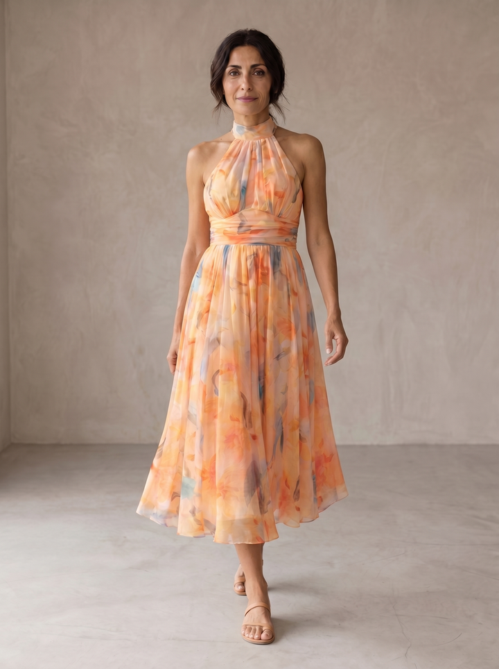 Robe Halter en Soie Imprimée Aquarelle - Collection Aurora
