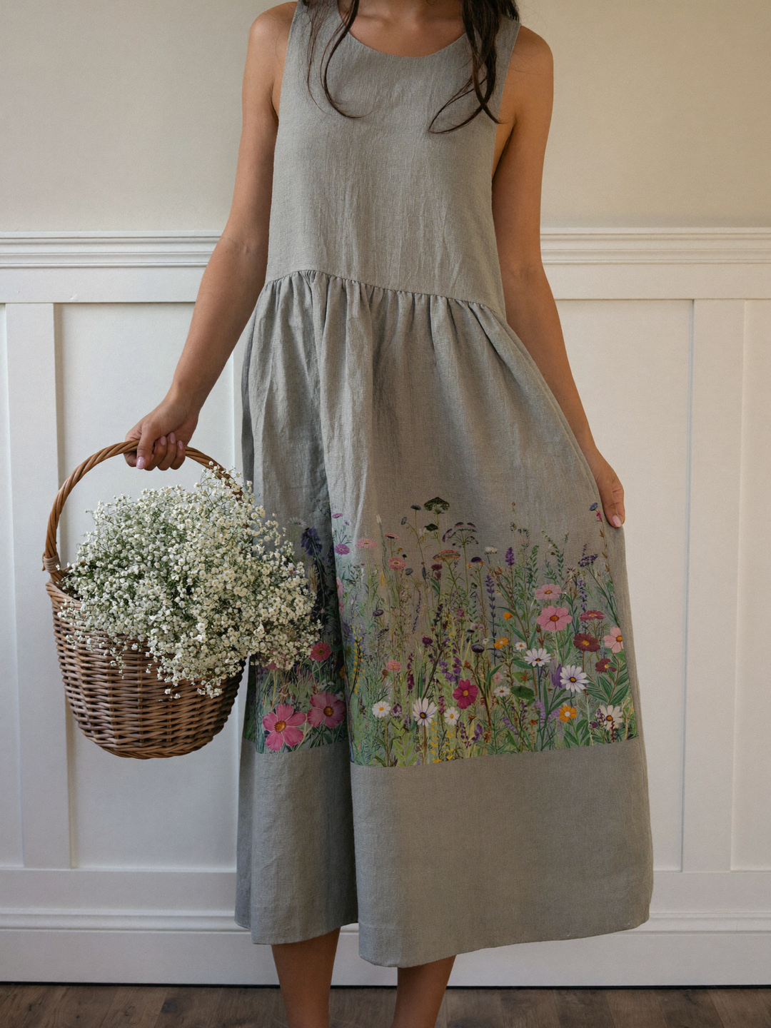 Asta - Robe midi sauge à fleurs des champs