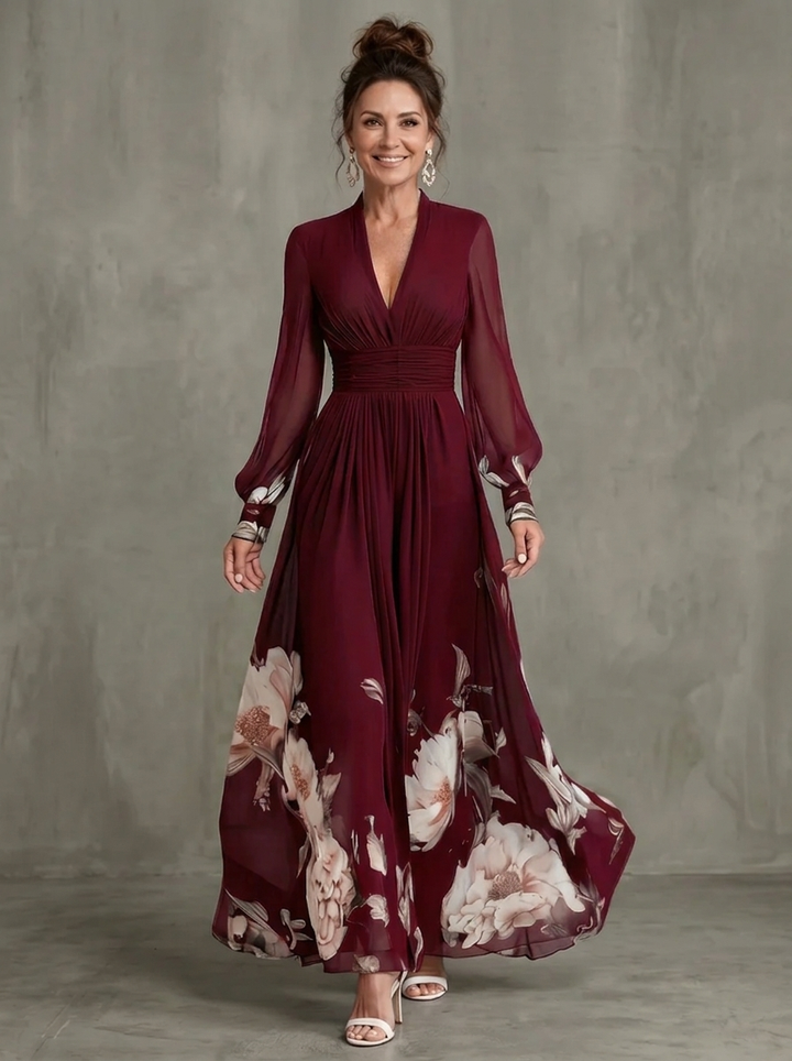Maude | Robe Longue à Ourlet Fleuri et Manches Transparentes