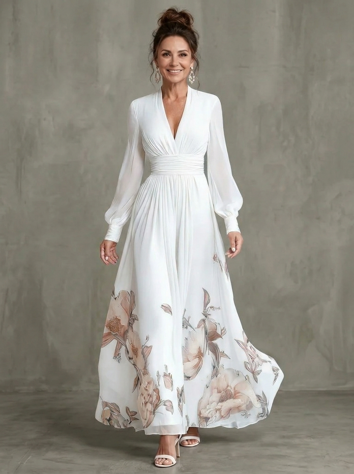 Maude | Robe Longue à Ourlet Fleuri et Manches Transparentes