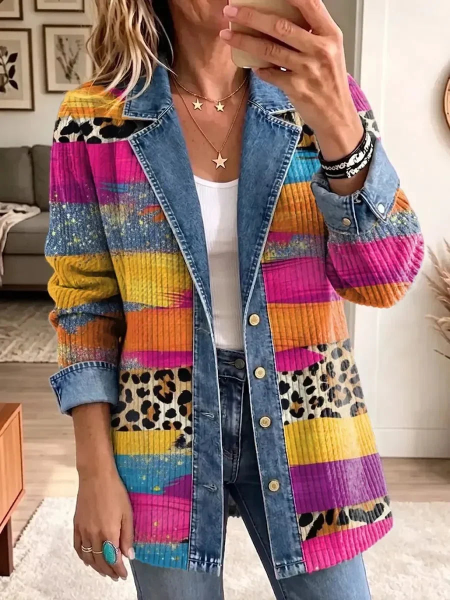 Victoria | Veste en Jean Rétro à Motif Léopard Coloré
