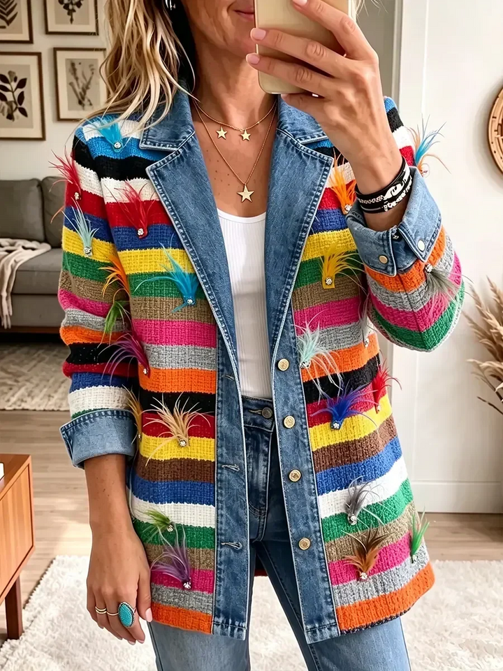 Mia | Veste en Jean à Imprimé Plumes Vintage
