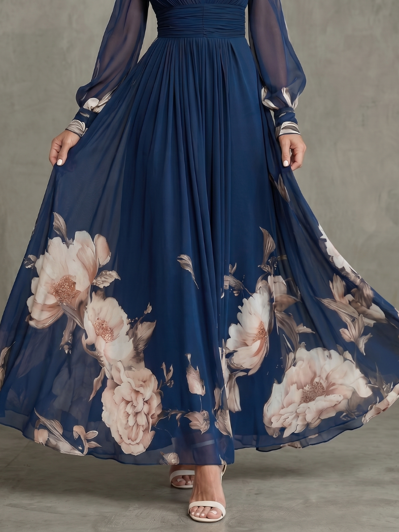 Maude | Robe Longue à Ourlet Fleuri et Manches Transparentes