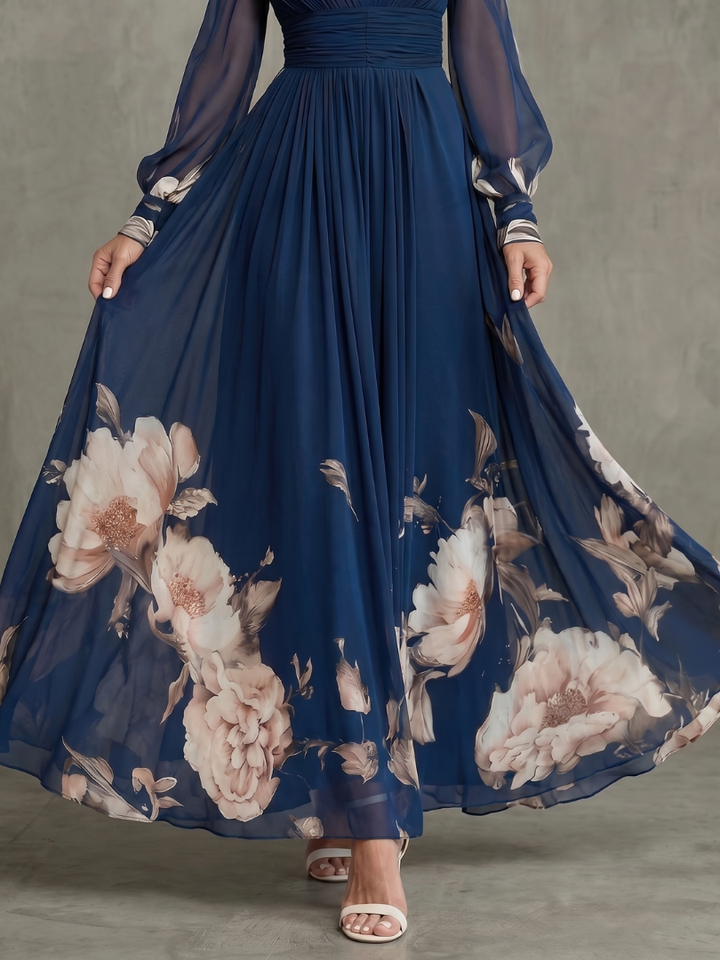 Maude | Robe Longue à Ourlet Fleuri et Manches Transparentes