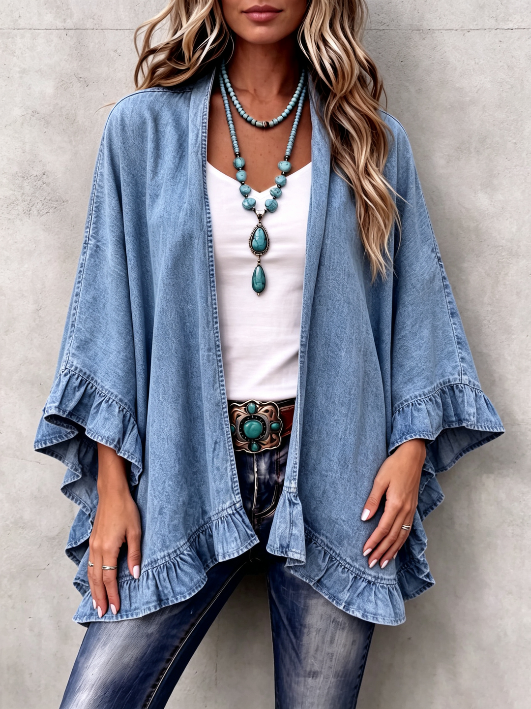 Corinne | Cardigan Bohème en Jean à Volants