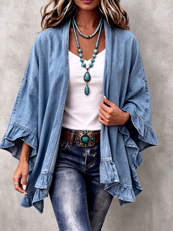 Corinne | Cardigan Bohème en Jean à Volants