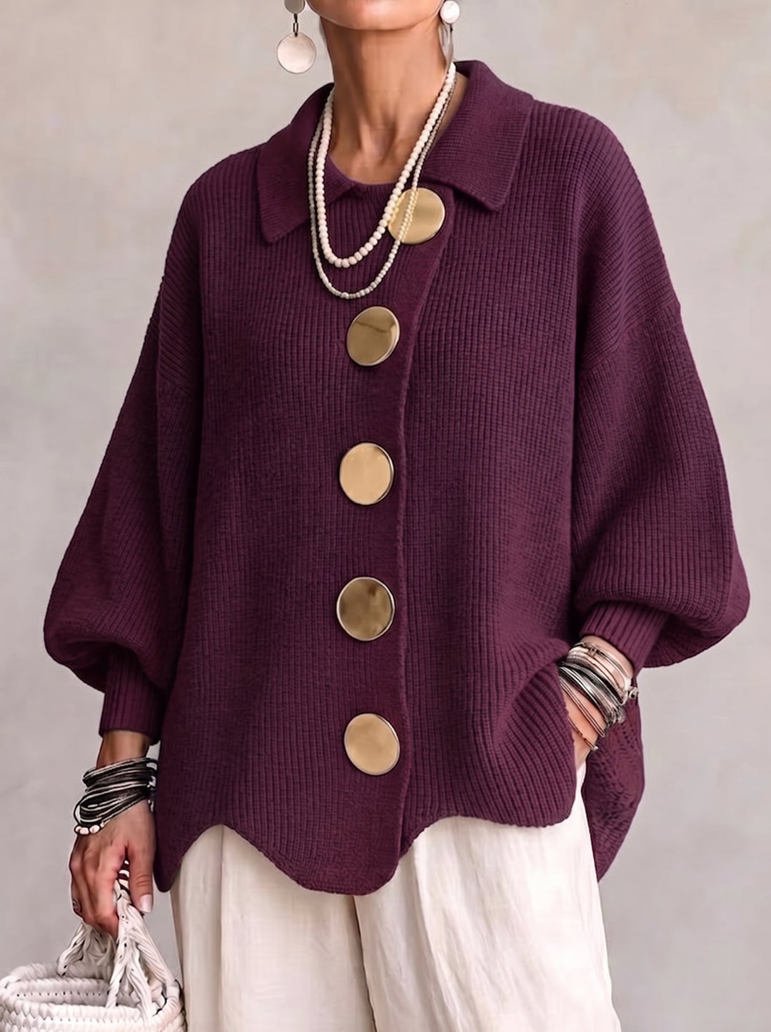 Elvinia | Cardigan Oversize à Col et Grands Boutons Métalliques