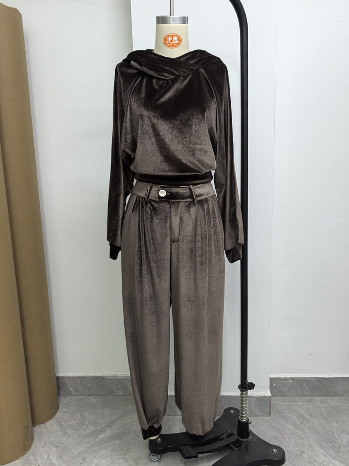 Ensemble Vintage en Velours Sweat à Capuche et Pantalon Ample (Ceinture Incluse)