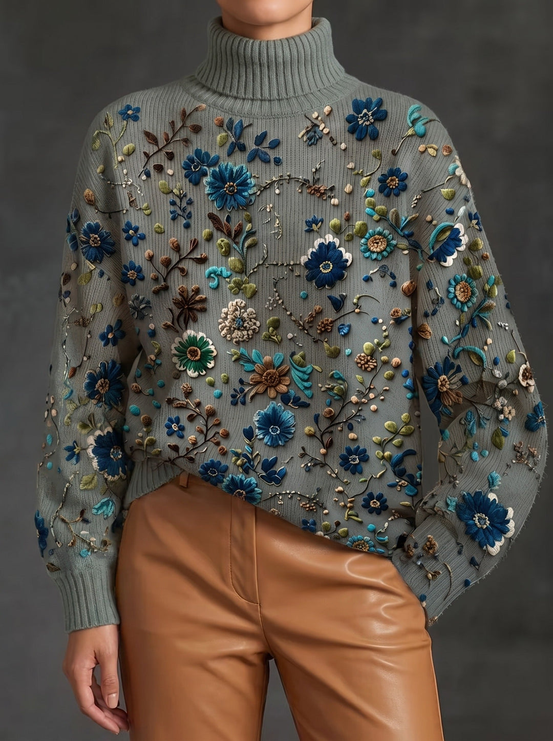 Elena | Pull Col Roulé Brodé de Fleurs