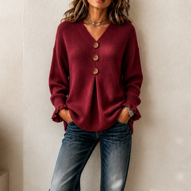 Brunella | Pull à Col V en Maille – Bordeaux